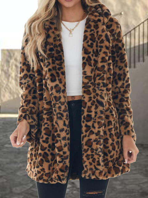 EJC Leopard Collared Neck Coat with Pockets