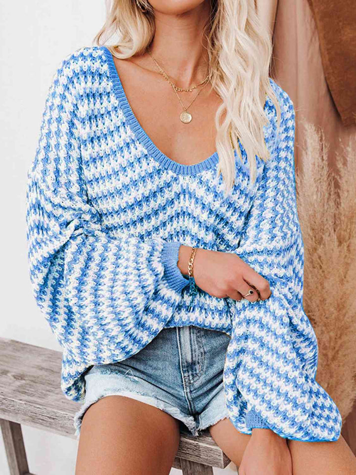 EJC STRIPED DROP SHOULDER V-NECK SWEATER