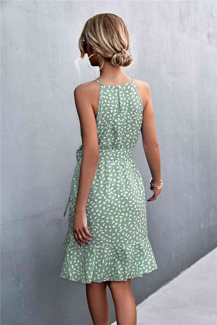 EJC Printed Tie Waist Ruffle Hem Sleeveless Dress