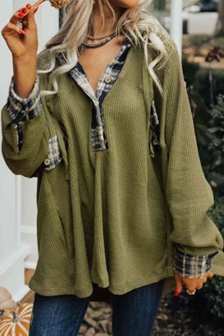 EJC WAFFLE-KNIT BUTTONED LONG SLEEVE HOODIE