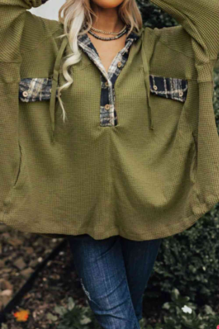 EJC WAFFLE-KNIT BUTTONED LONG SLEEVE HOODIE