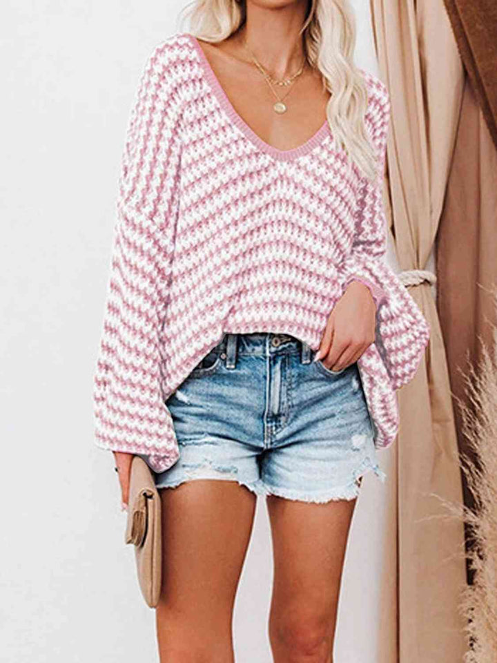 EJC STRIPED DROP SHOULDER V-NECK SWEATER