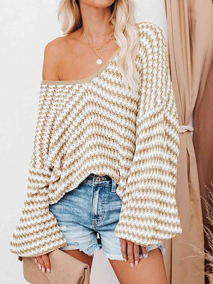 EJC STRIPED DROP SHOULDER V-NECK SWEATER