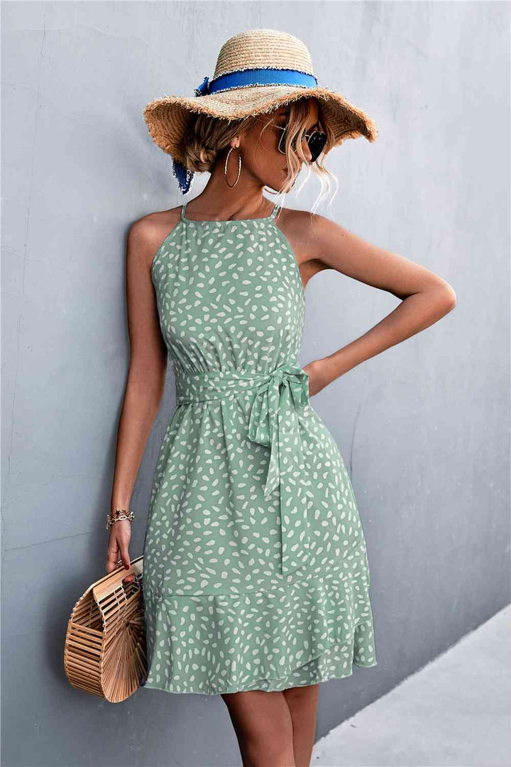 EJC Printed Tie Waist Ruffle Hem Sleeveless Dress