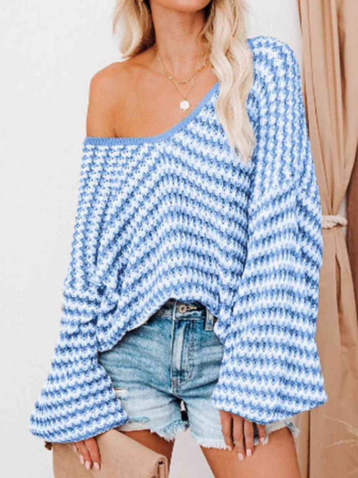 EJC STRIPED DROP SHOULDER V-NECK SWEATER