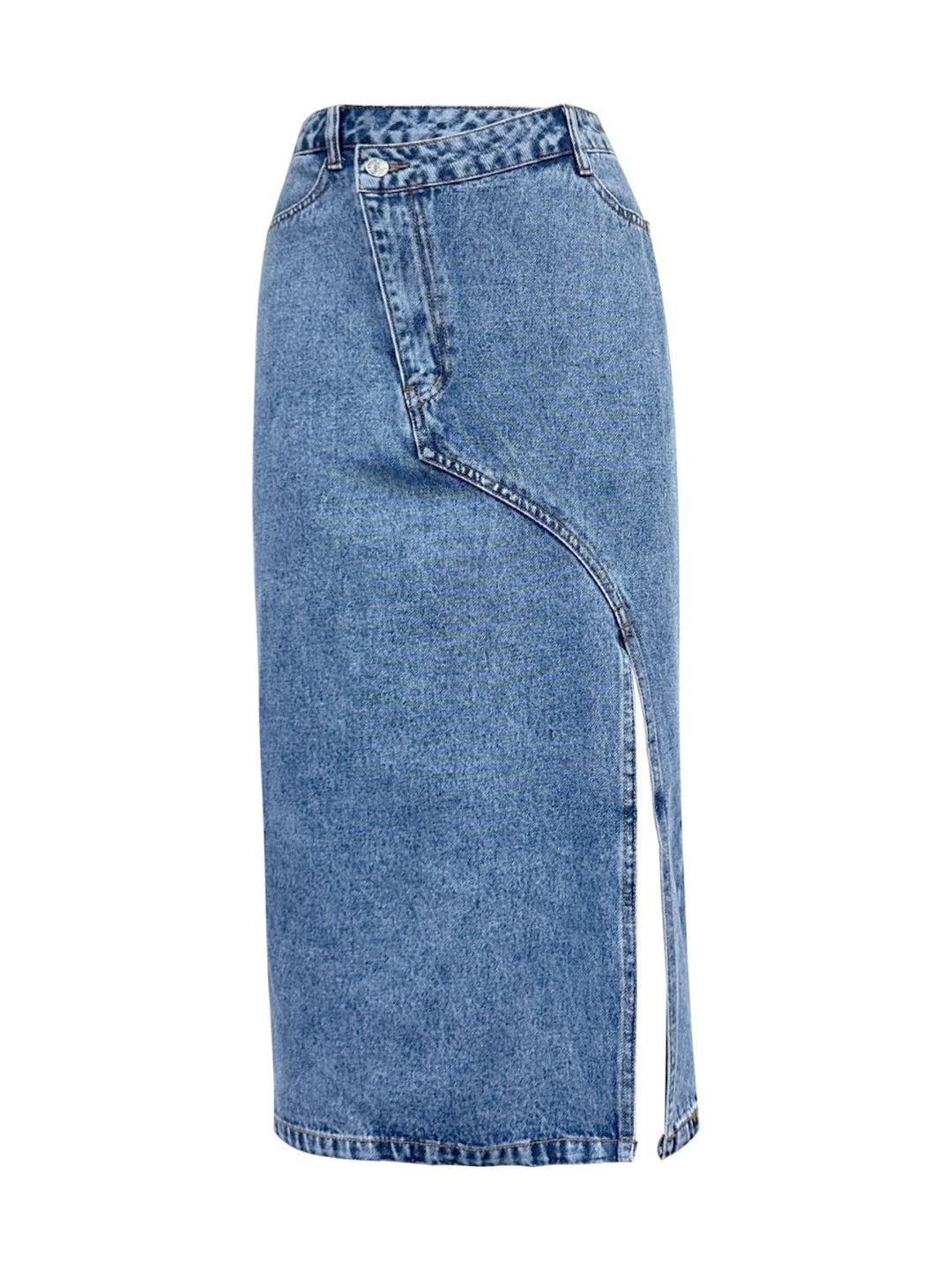 EJC Slit Asymmetrical Waistband Midi Denim Skirt