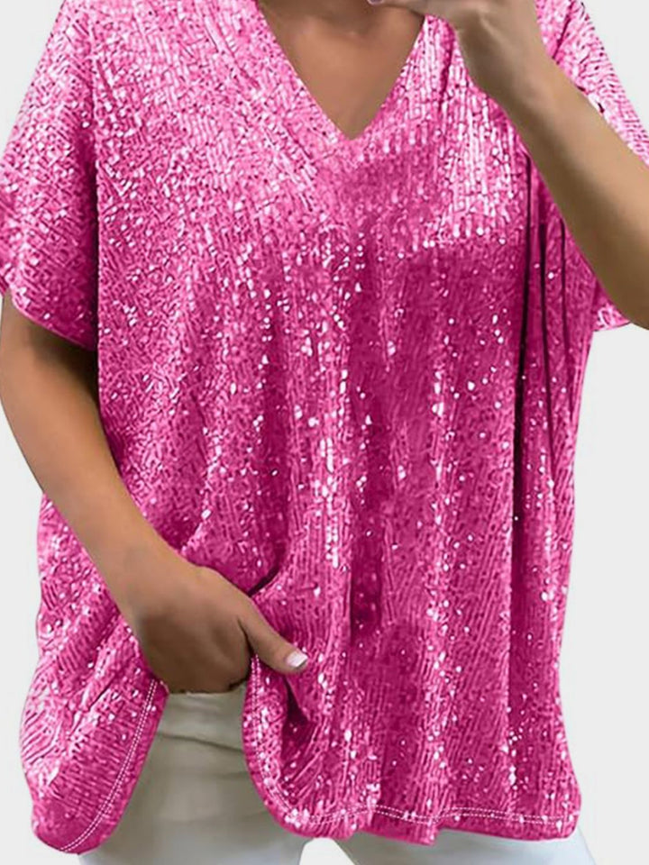 EJC Sequin V-Neck Short Sleeve Top