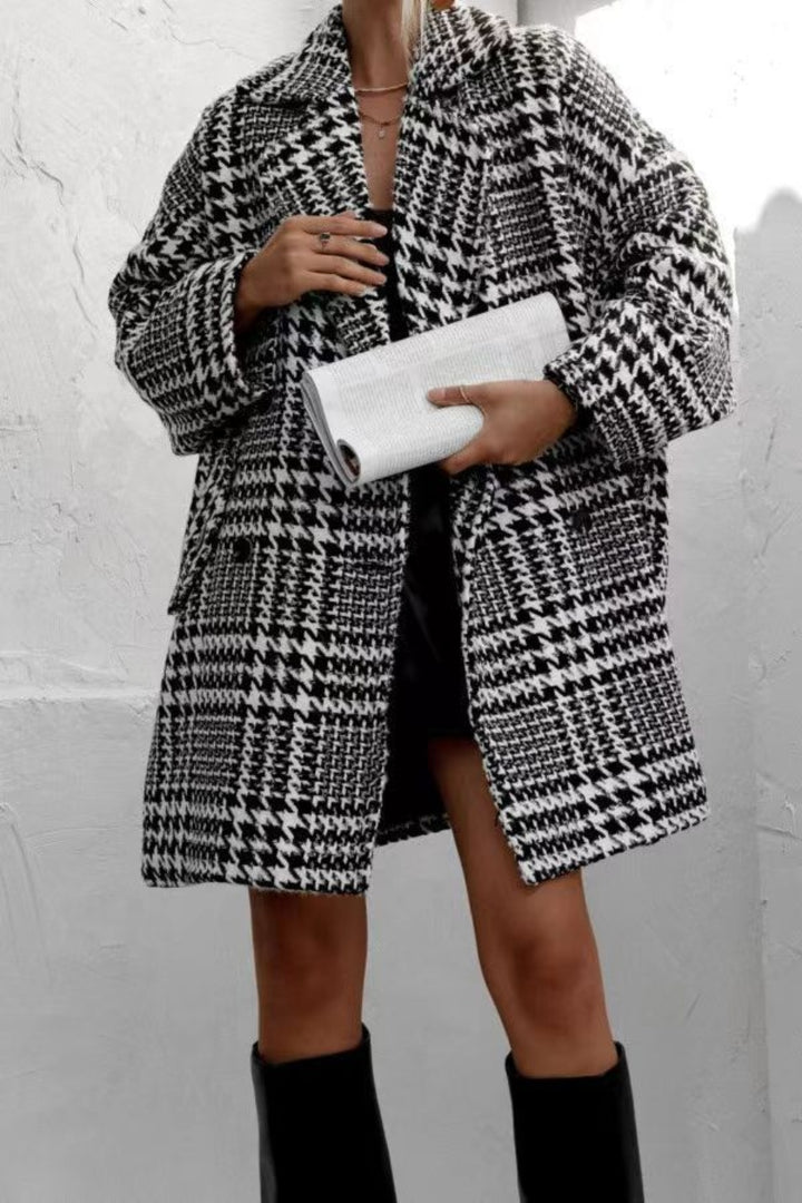 EJC Houndstooth Collared Neck Long Sleeve Coat with Pockets