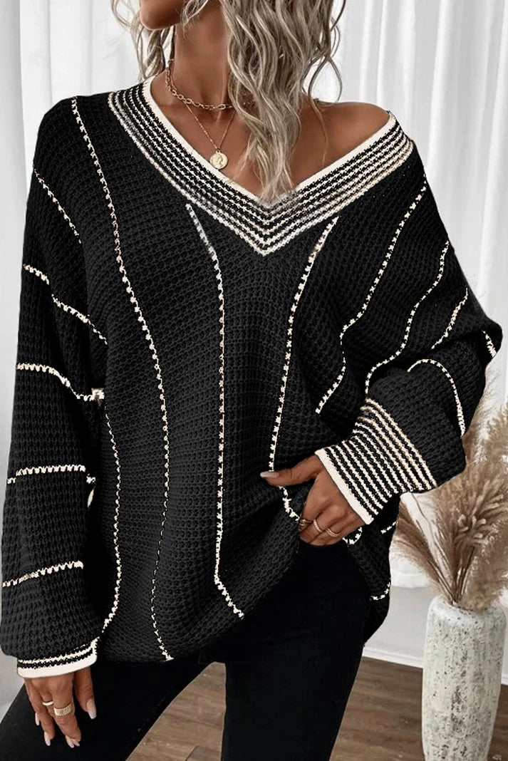 EJC Striped V-Neck Long Sleeve Sweater