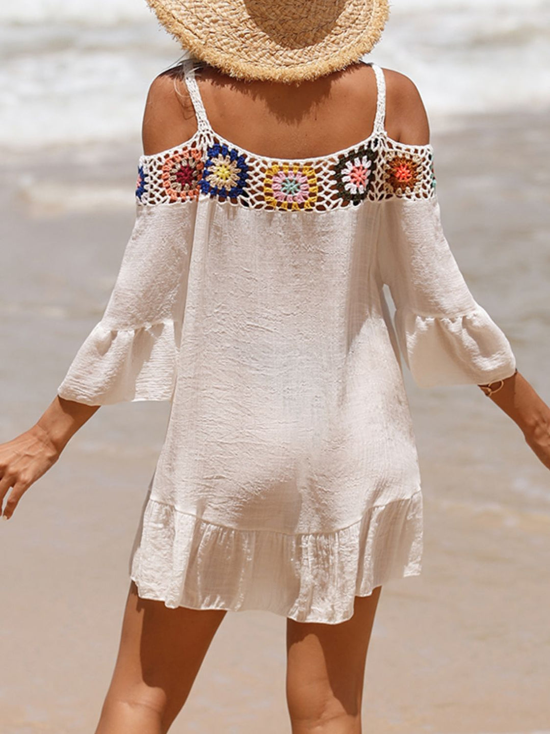 EJC Crochet Cold Shoulder Three-Quarter Sleeve Cover Up