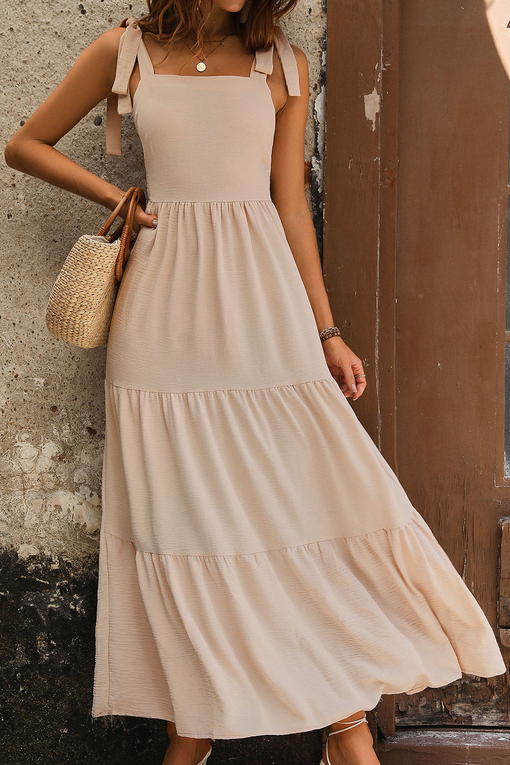 EJC Tie Shoulder Smocked Tiered Dress