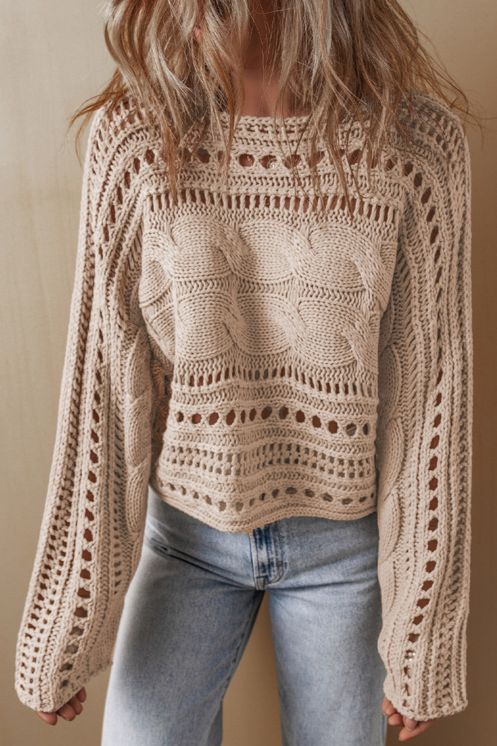 EJC Cable-Knit Openwork Long Sleeve Sweater