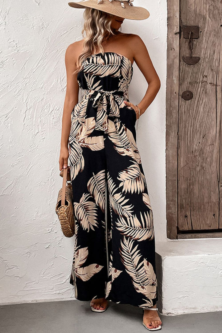 EJC Printed Strapless Wide Leg Jumpsuit with Pockets