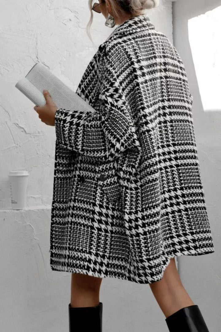 EJC Houndstooth Collared Neck Long Sleeve Coat with Pockets