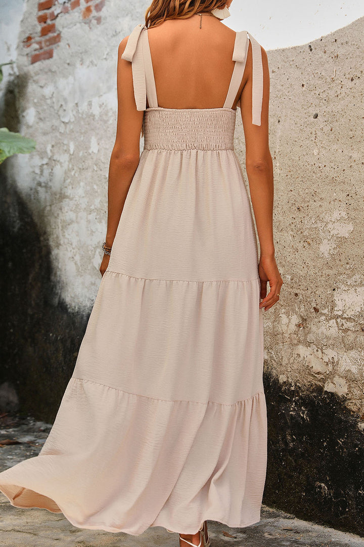 EJC Tie Shoulder Smocked Tiered Dress
