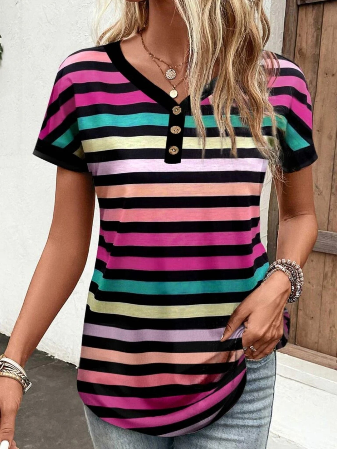 EJC Striped V-Neck Short Sleeve T-Shirt