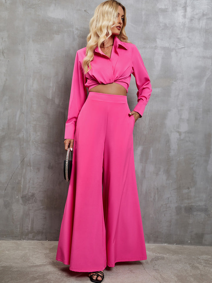 EJC Collared Neck Long Sleeve Top and Wide Leg Pants Set