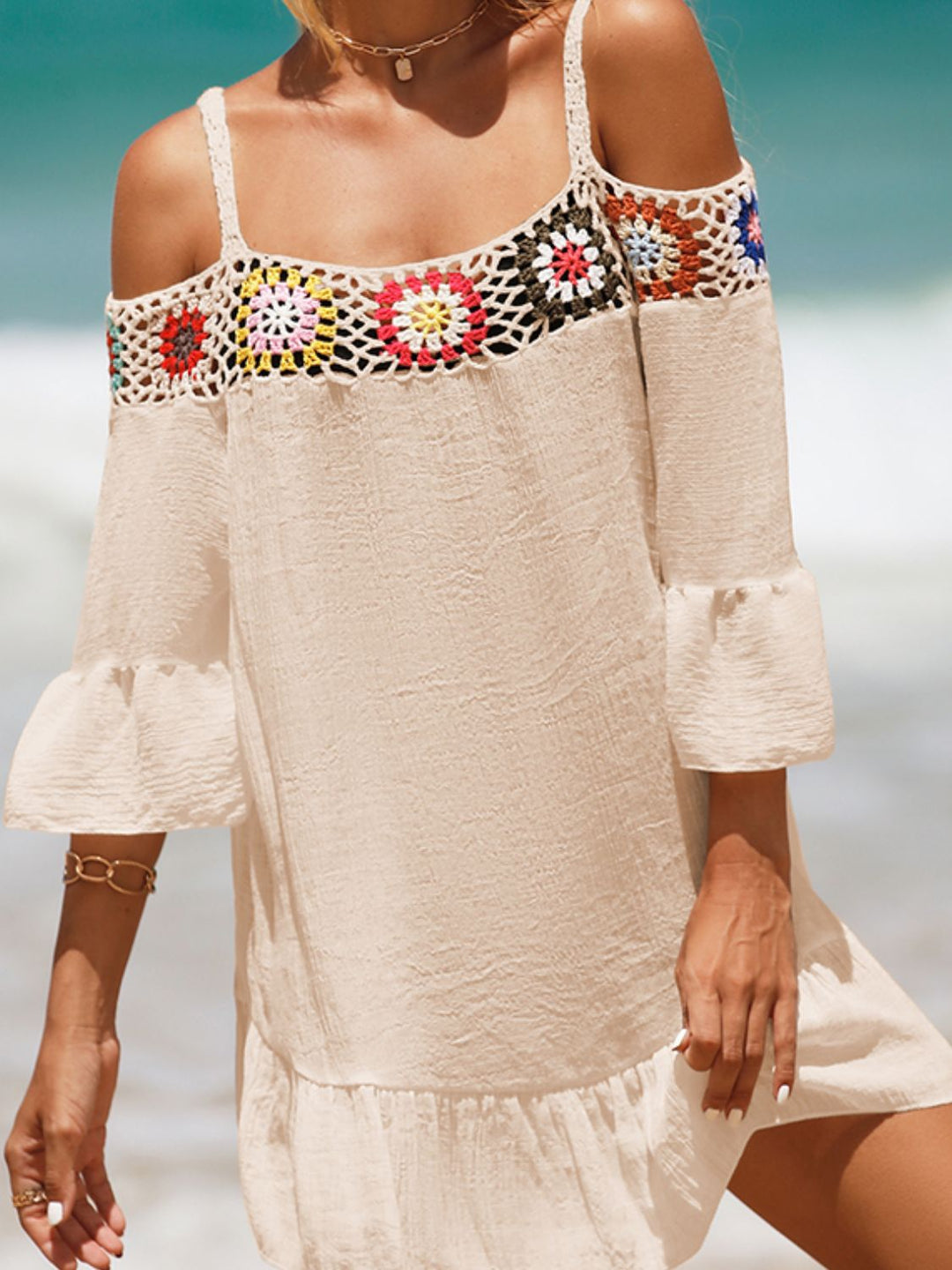 EJC Crochet Cold Shoulder Three-Quarter Sleeve Cover Up