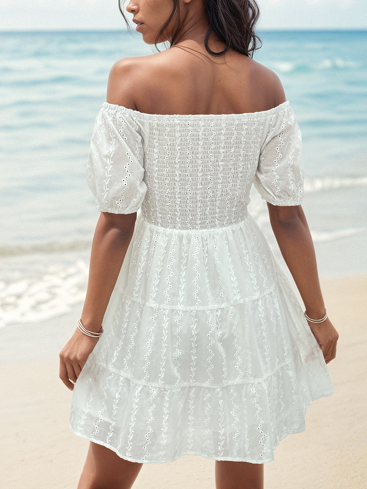 EJC Smocked Eyelet Off-Shoulder Mini Dress