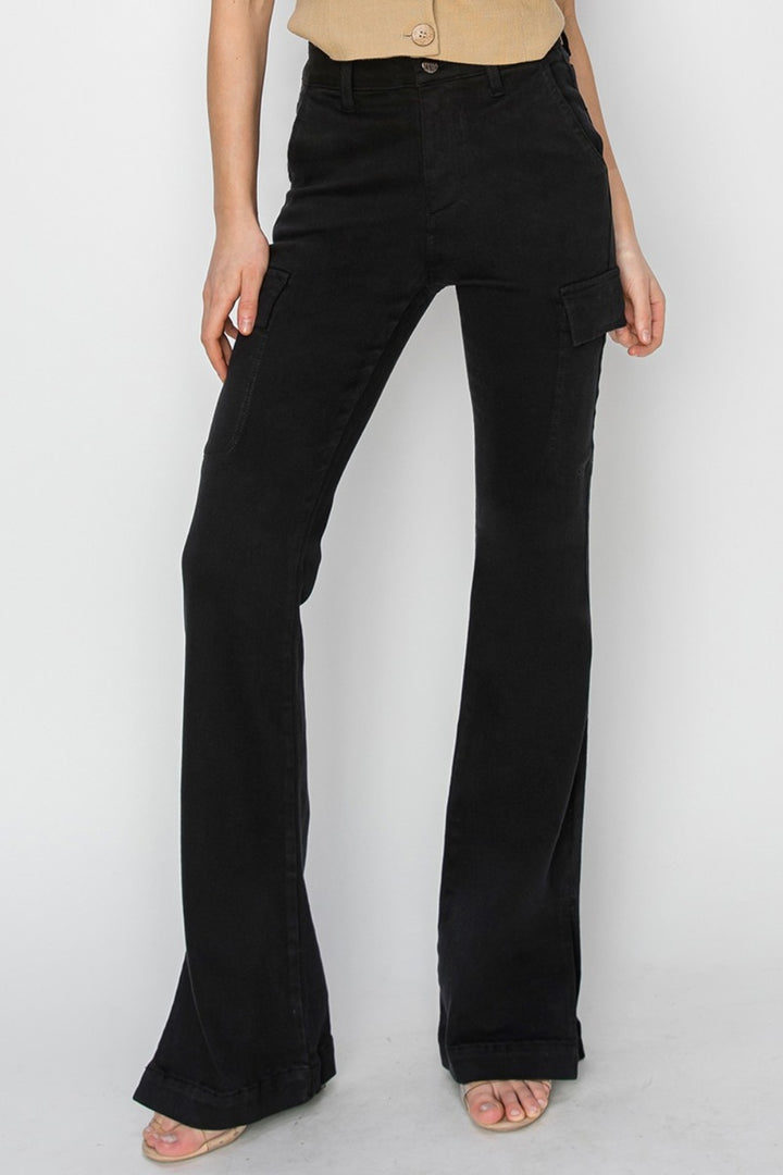 EJC RISEN Full Size High Rise Side Slit Cargo Bootcut Jeans