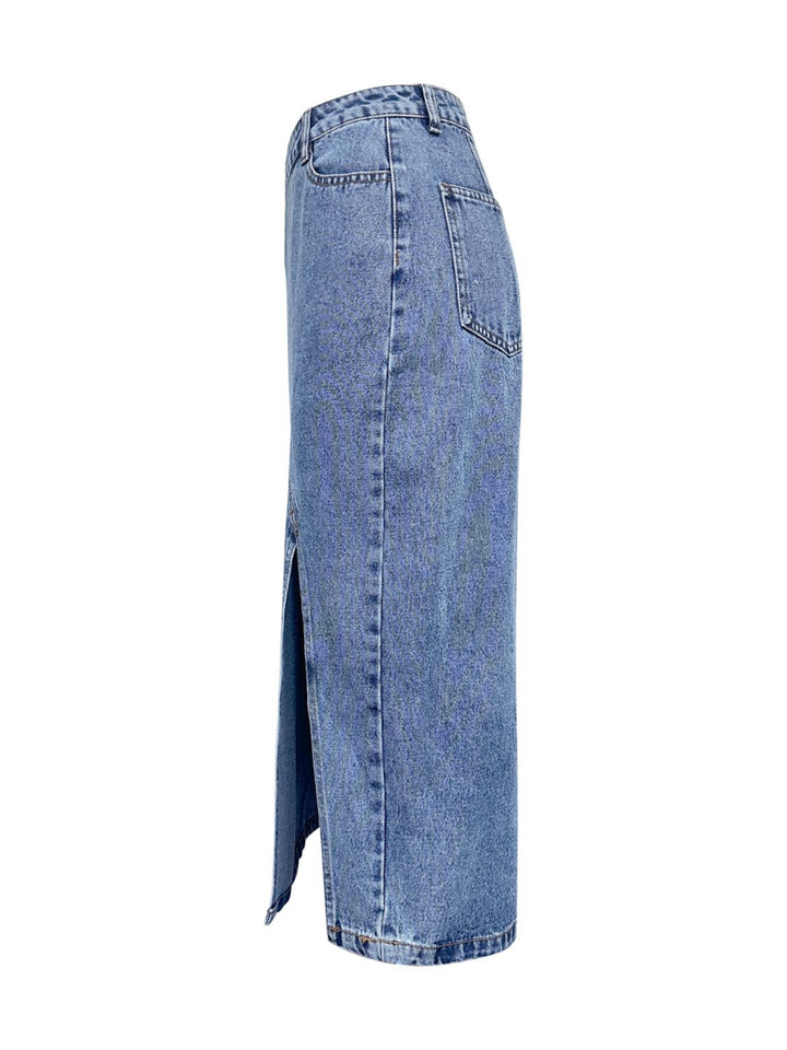 EJC Slit Asymmetrical Waistband Midi Denim Skirt