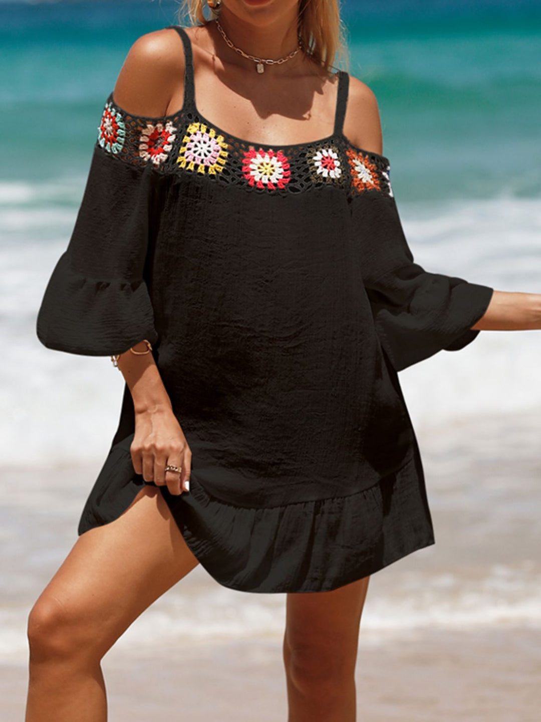 EJC Crochet Cold Shoulder Three-Quarter Sleeve Cover Up