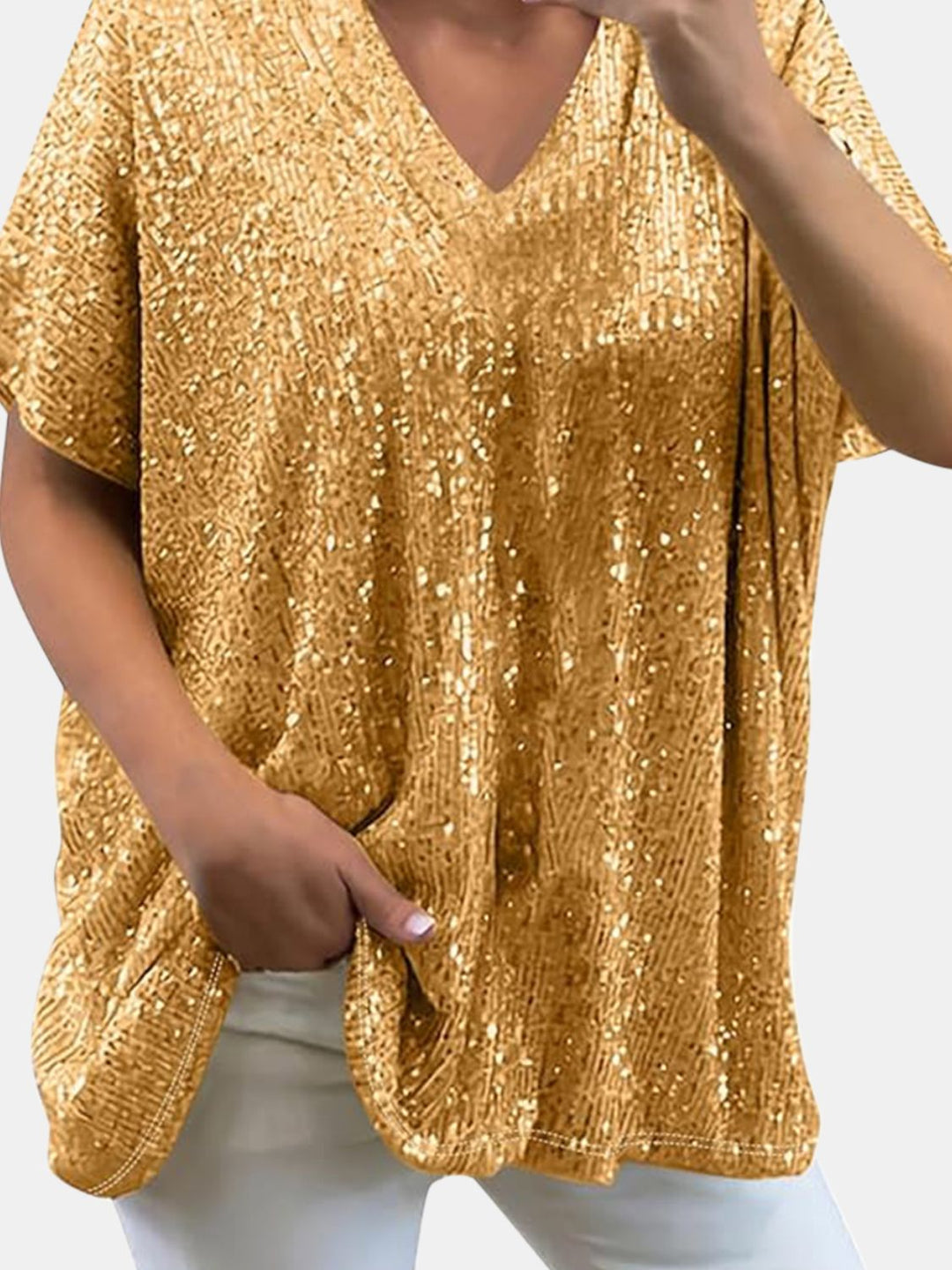 EJC Sequin V-Neck Short Sleeve Top