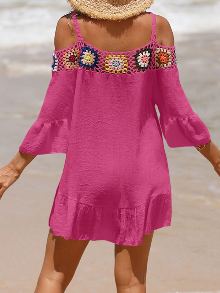 EJC Crochet Cold Shoulder Three-Quarter Sleeve Cover Up