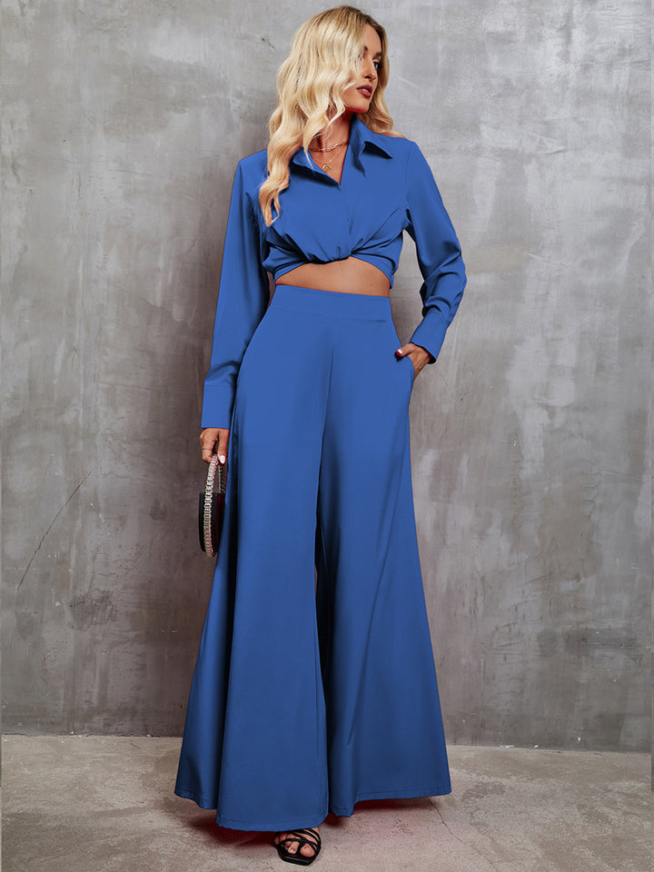 EJC Collared Neck Long Sleeve Top and Wide Leg Pants Set