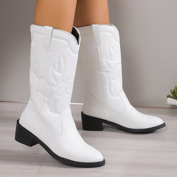 EJC PU LEATHER POINT TOE BLOCK HEEL BOOTS