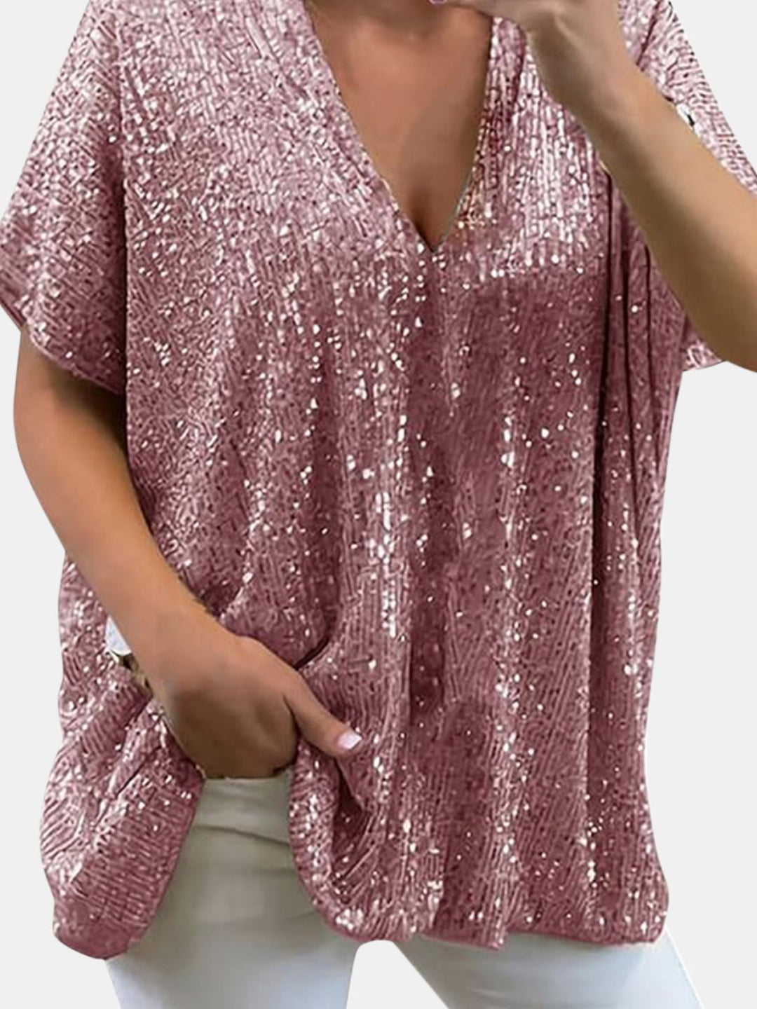 EJC Sequin V-Neck Short Sleeve Top