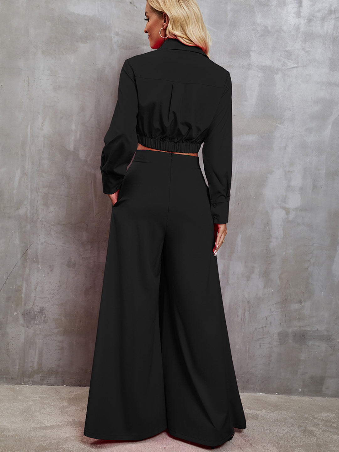 EJC Collared Neck Long Sleeve Top and Wide Leg Pants Set