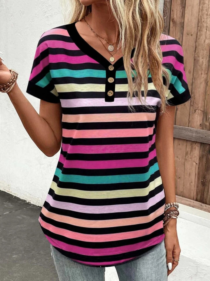 EJC Striped V-Neck Short Sleeve T-Shirt