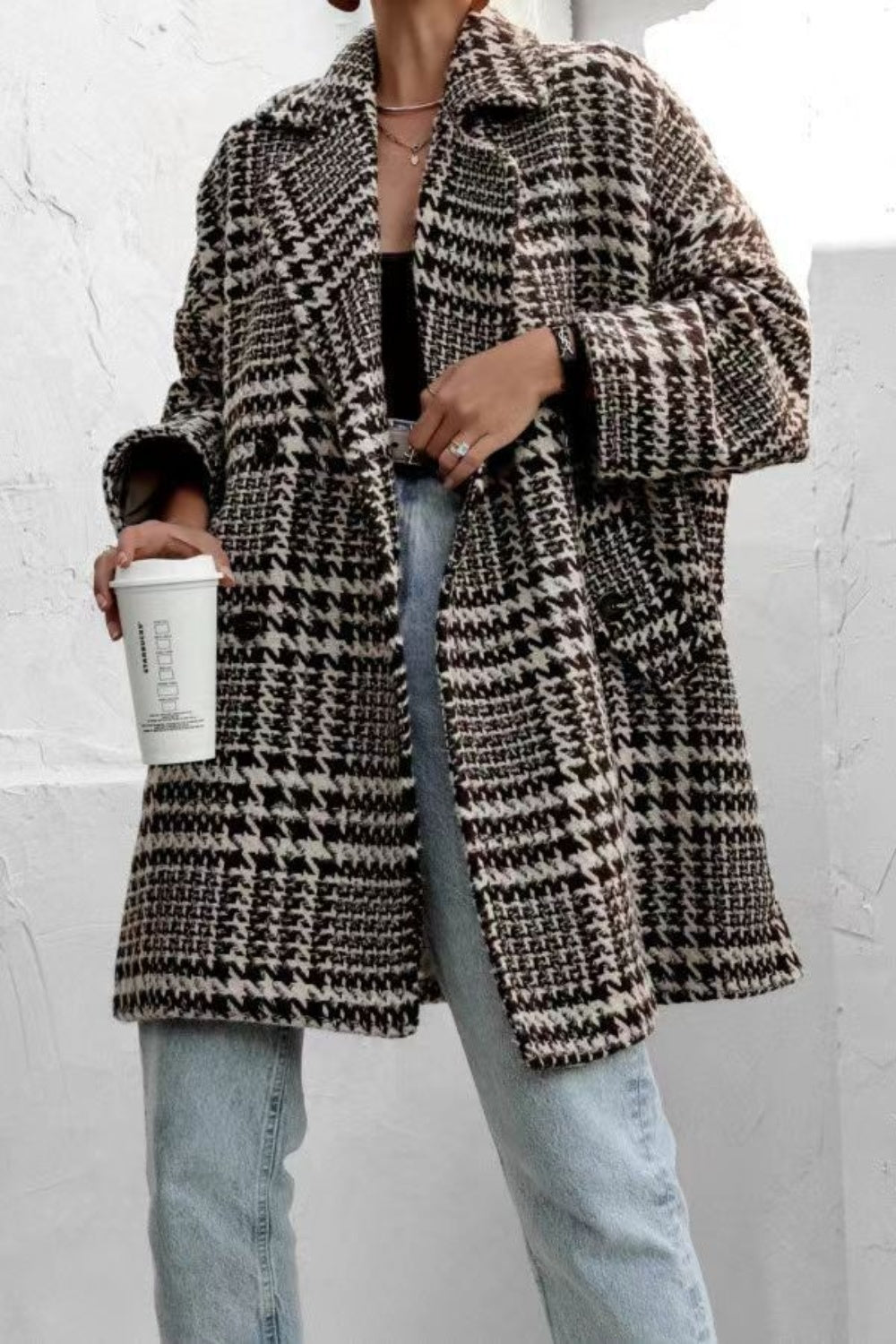 EJC Houndstooth Collared Neck Long Sleeve Coat with Pockets