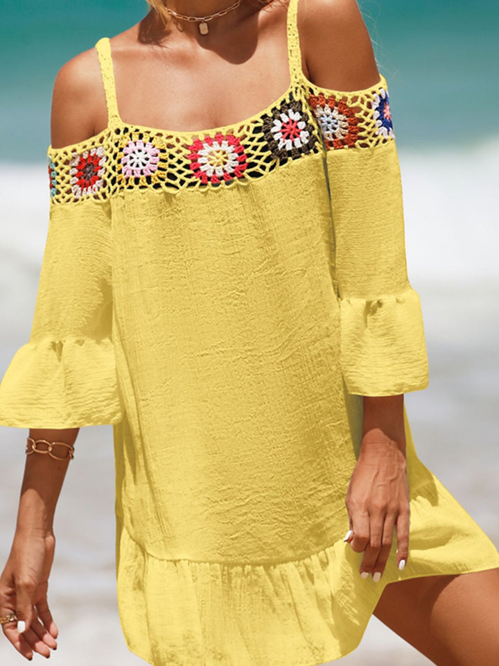 EJC Crochet Cold Shoulder Three-Quarter Sleeve Cover Up