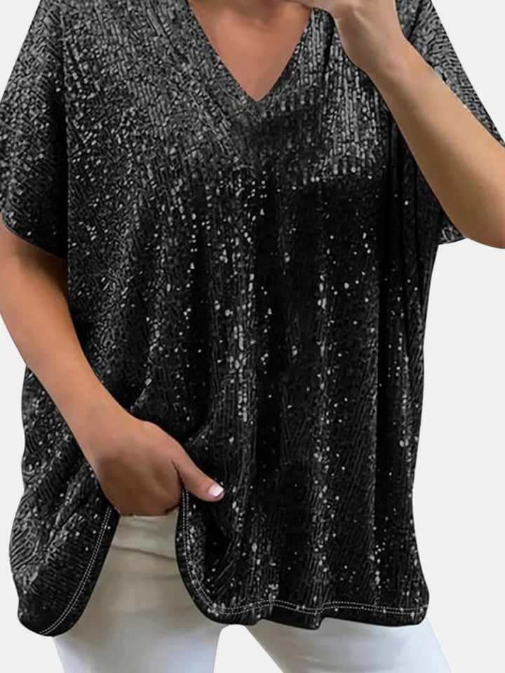 EJC Sequin V-Neck Short Sleeve Top