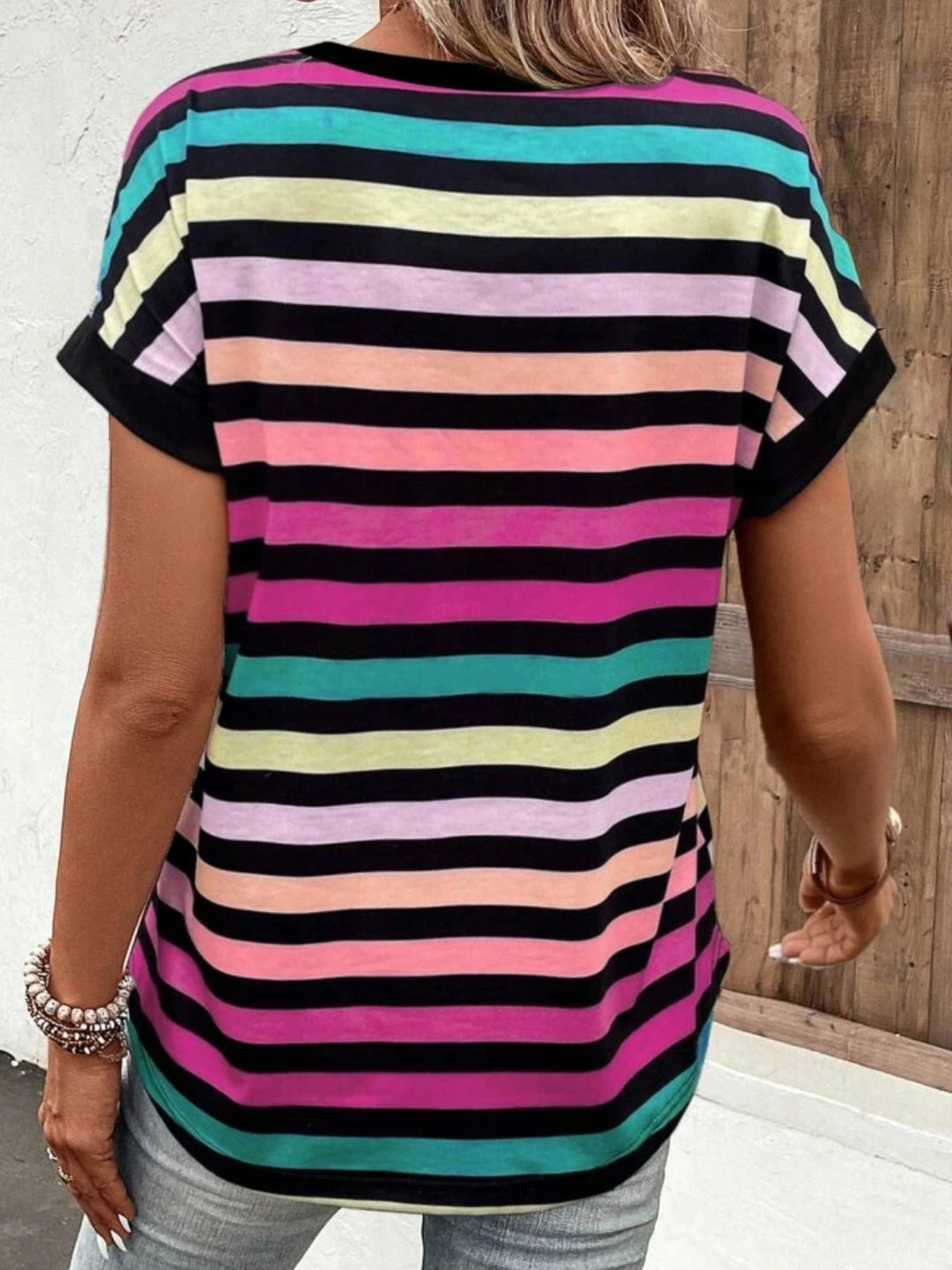 EJC Striped V-Neck Short Sleeve T-Shirt