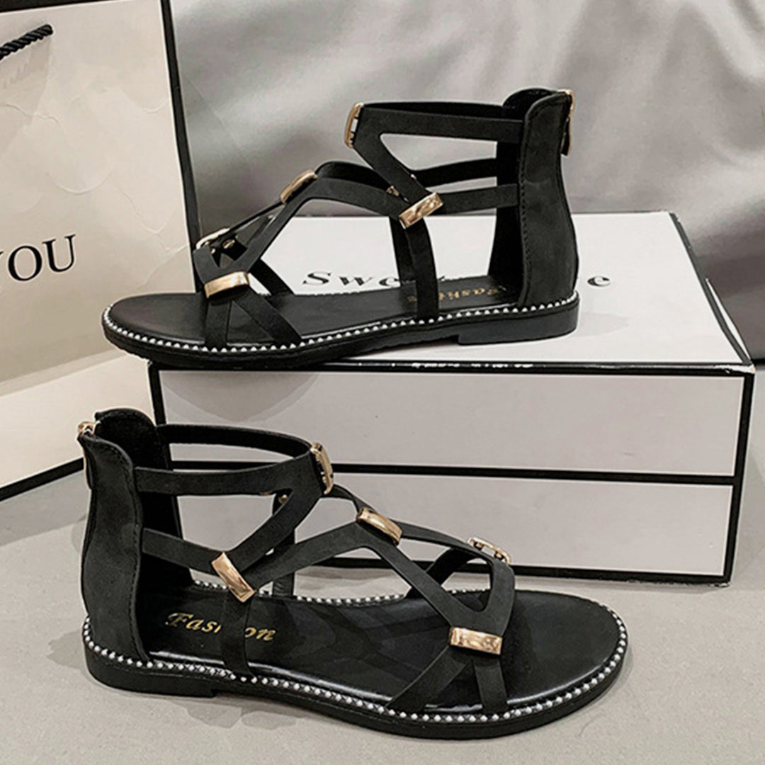 EJC OPEN TOE BACK ZIPPER FLAT SANDALS