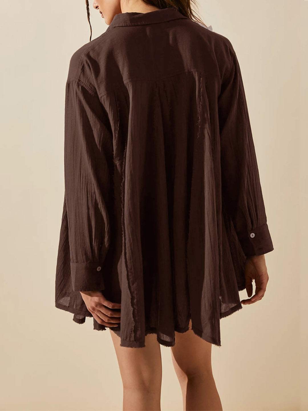 EJC Button Up Collared Neck Long Sleeve Longline Shirt