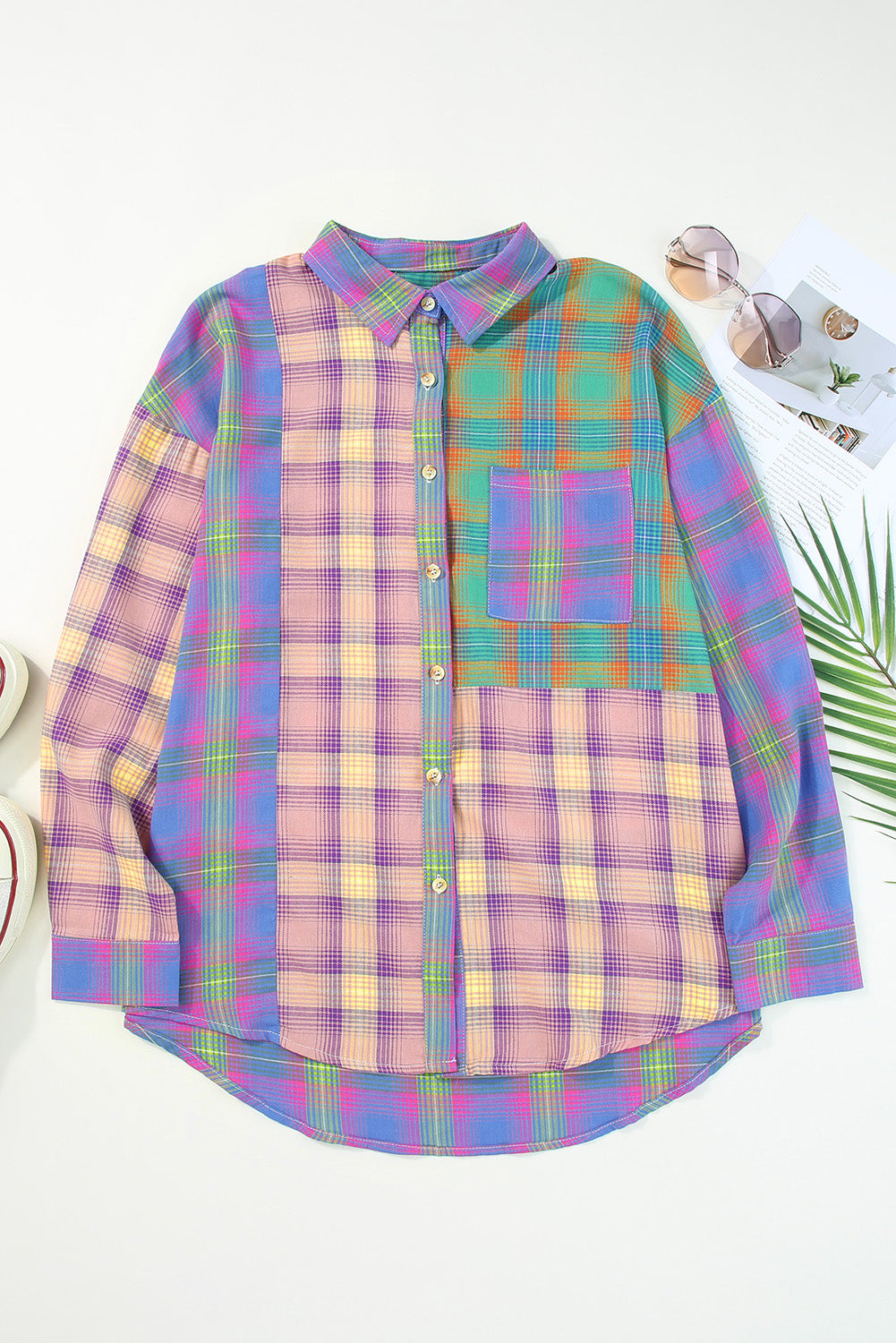 EJC Contrast Plaid Pocketed Collared Neck Shirt