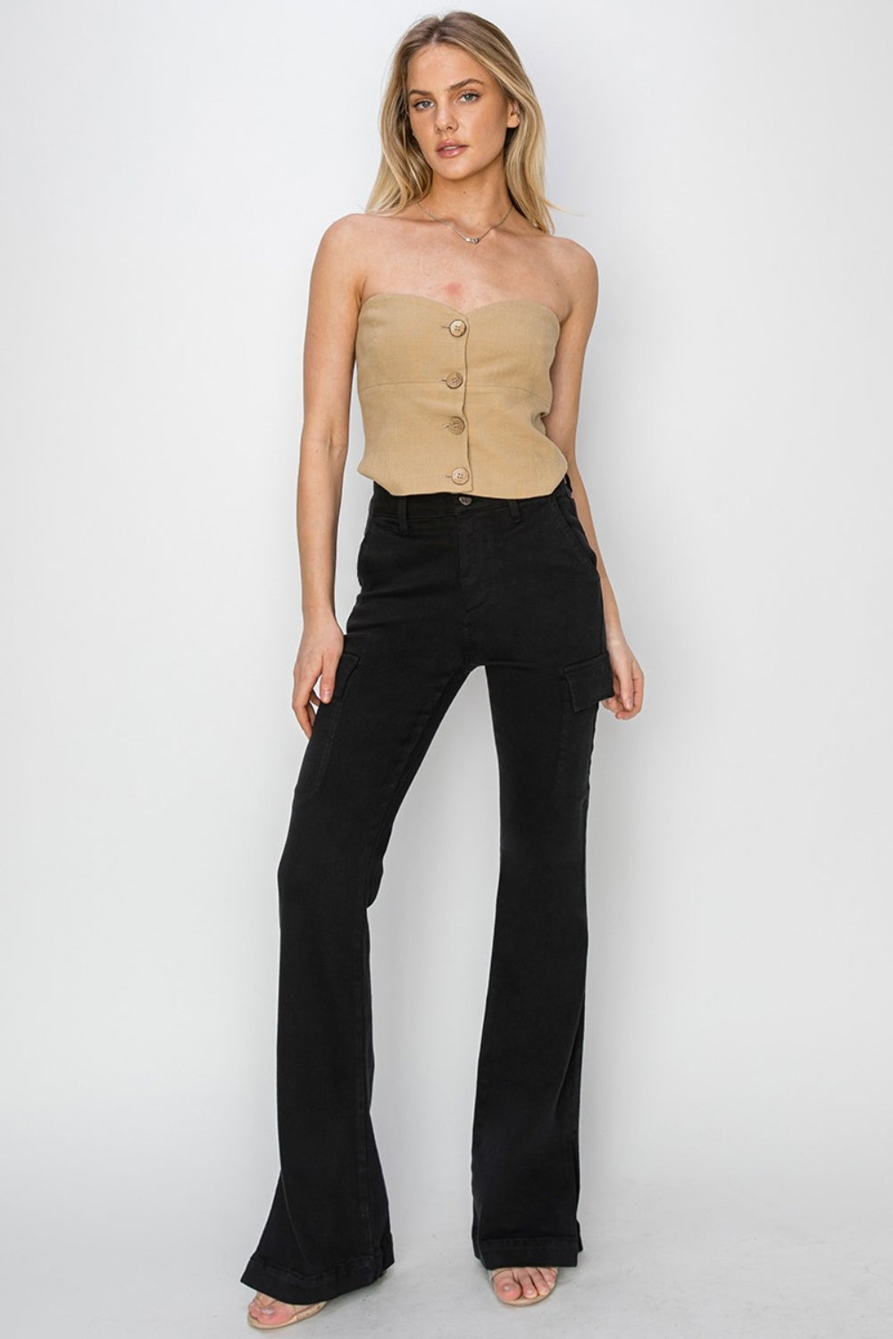 EJC RISEN Full Size High Rise Side Slit Cargo Bootcut Jeans