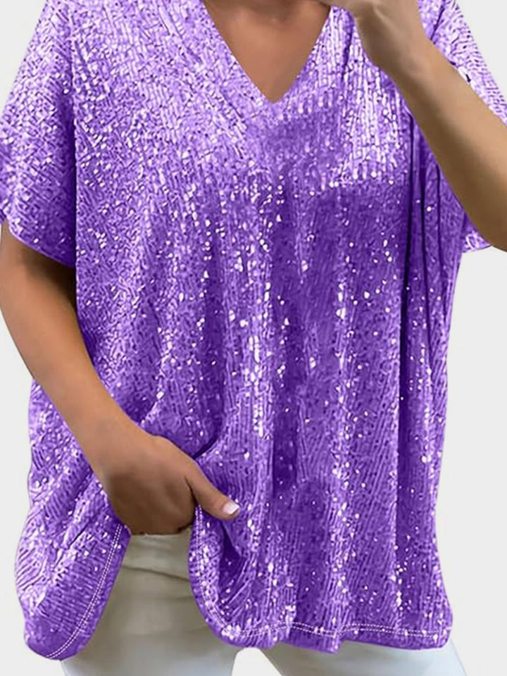 EJC Sequin V-Neck Short Sleeve Top