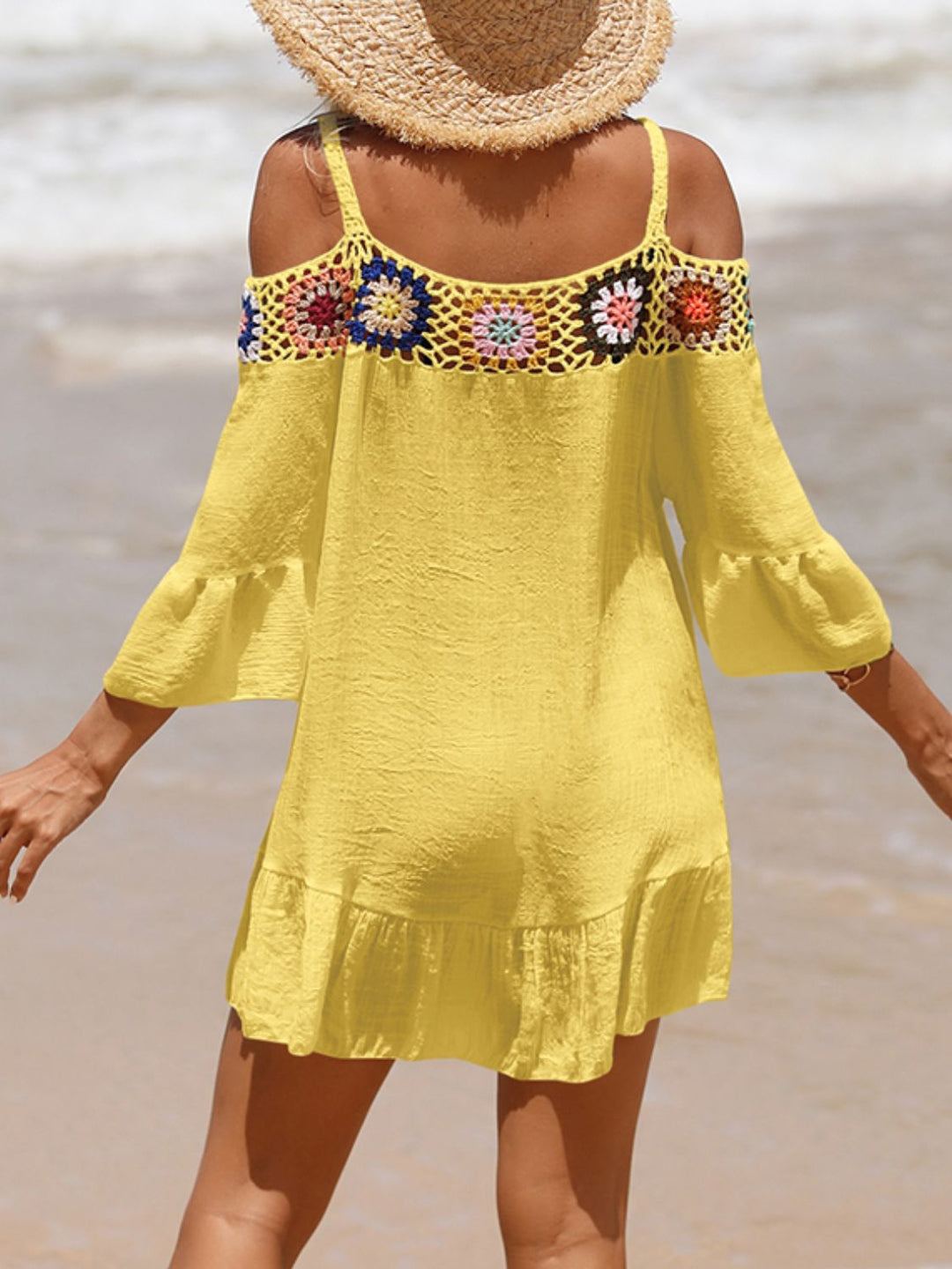 EJC Crochet Cold Shoulder Three-Quarter Sleeve Cover Up