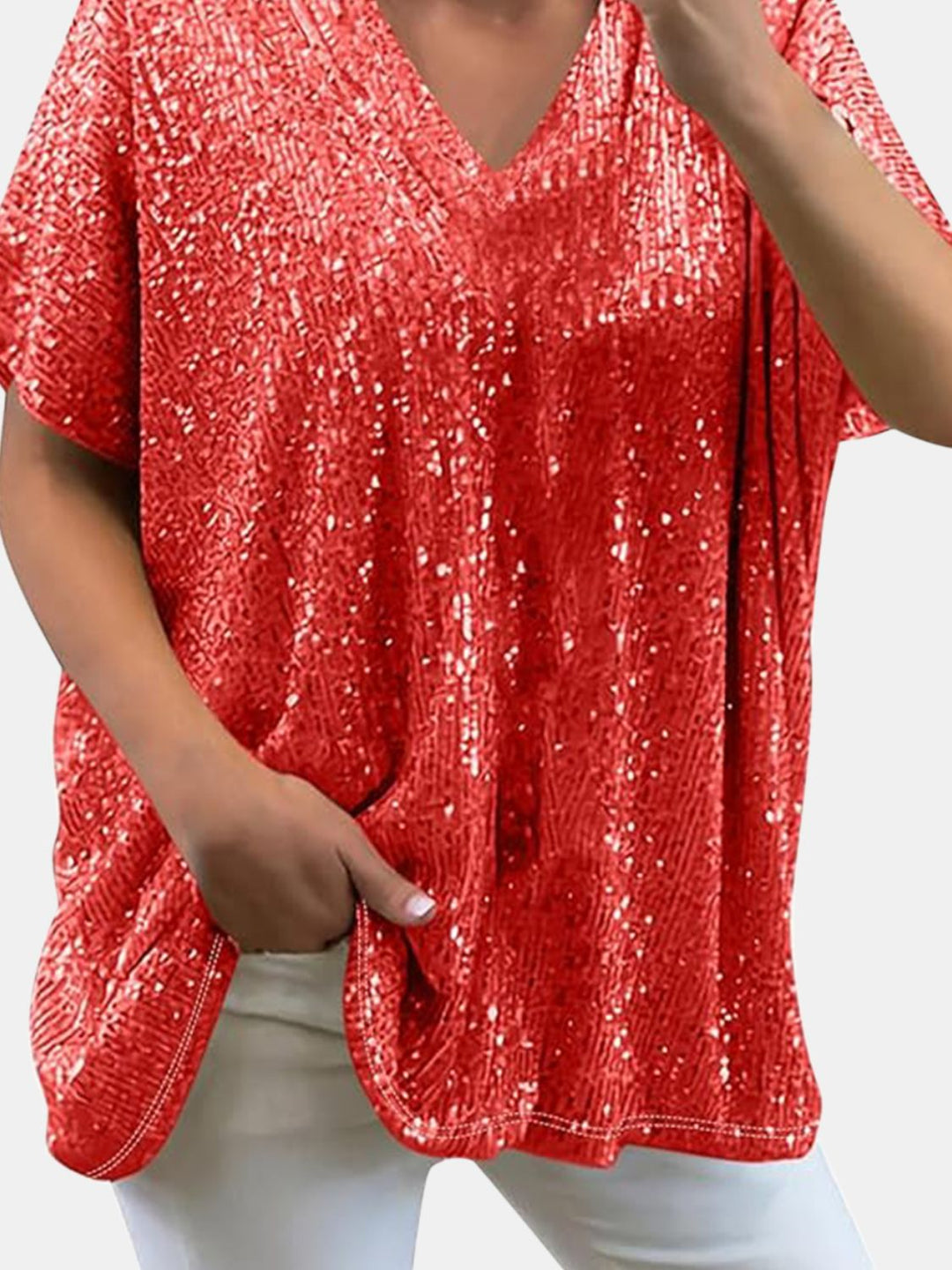 EJC Sequin V-Neck Short Sleeve Top