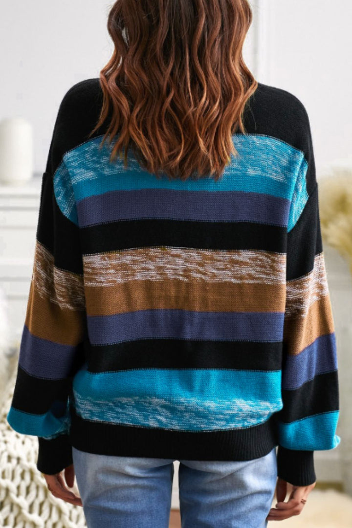 EJC Contrast Striped Round Neck Drop Shoulder Sweater