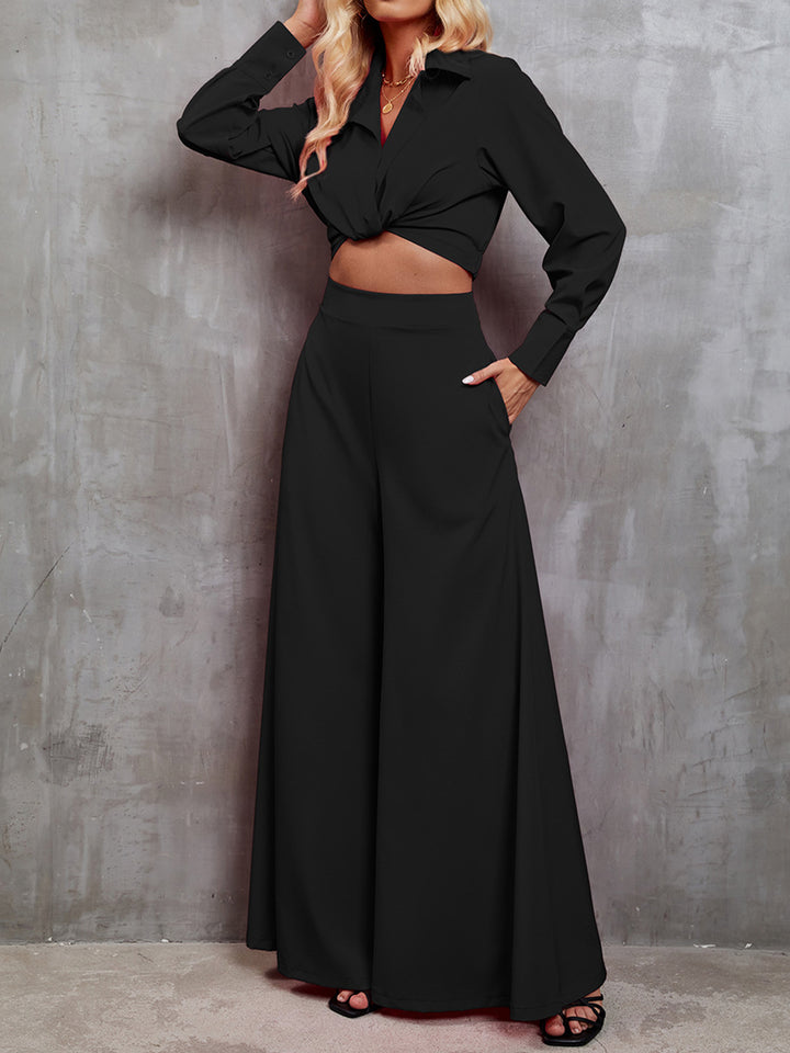 EJC Collared Neck Long Sleeve Top and Wide Leg Pants Set