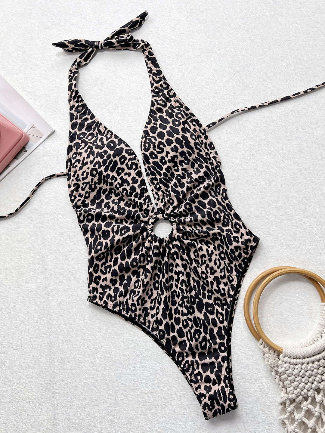 EJC Leopard Halter Neck Ring Detail One-Piece Swimsuit