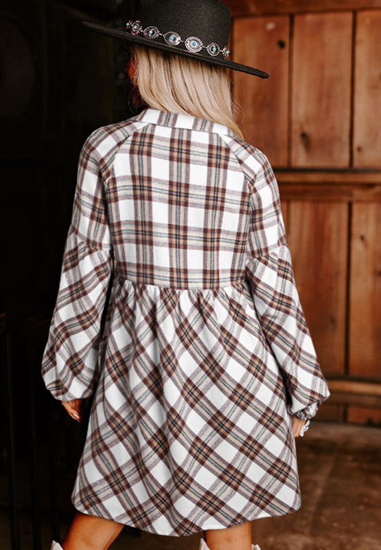 EJC Plaid Collared Neck Balloon Sleeve Mini Shirt Dress