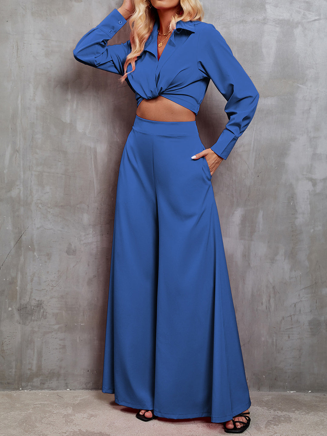 EJC Collared Neck Long Sleeve Top and Wide Leg Pants Set