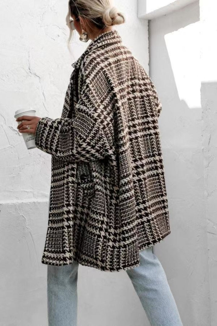 EJC Houndstooth Collared Neck Long Sleeve Coat with Pockets